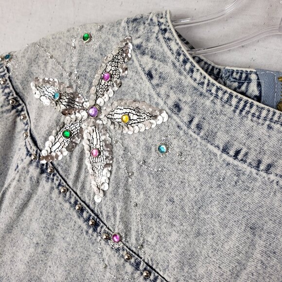 Vintage 80s 90s Andiamo Italia Boxy Dress Acid Wash Sequined Beaded size M Denim - Picture 8 of 12